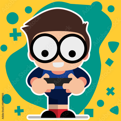 Vector illustration of a boy playing games on a smartphone. phone or internet addiction concept, happy child with smartphone.