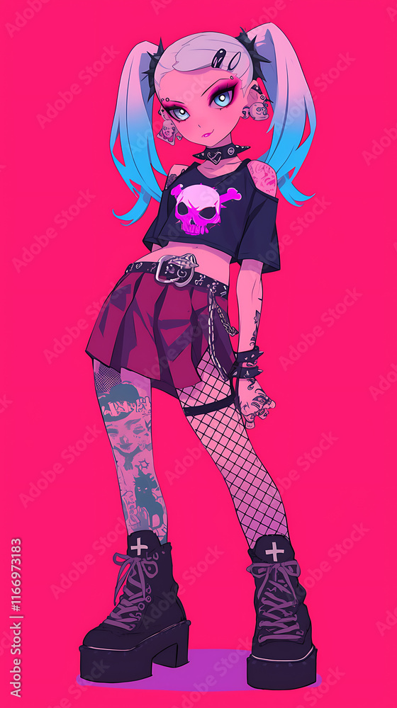 A stylized character with punk fashion, featuring vibrant colors and a playful pose. A stylized character with punk fashion, featuring vibrant colors and a playful pose.