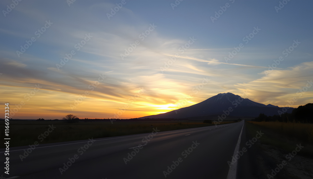 Asphalt road pavement and dramatic sky with mountain at sunset, Diffused lighting. isolated with white highlights Asphalt road pavement and dramatic sky with mountain at sunset, Diffused lighting. isolated with white highlights