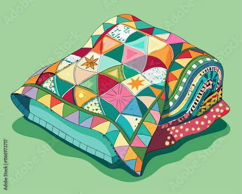A handmade quilt with intricate stitching, folded neatly on a soft pastel green background