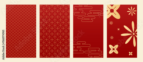 Happy Chinese new year 2025 , modern design set in red, gold and white colors , Year of the Snake , Asia oriental traditional ornament, frame and border ,	
