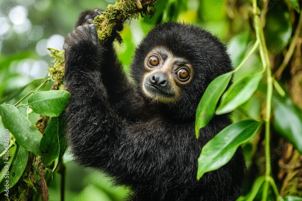 Obraz premium Black primate clinging to leafy branch.
