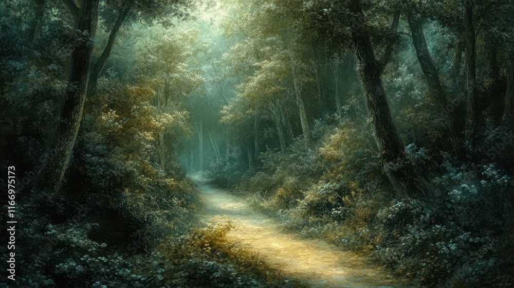 Obraz premium Winding path through a serene forest inviting exploration during daylight hours