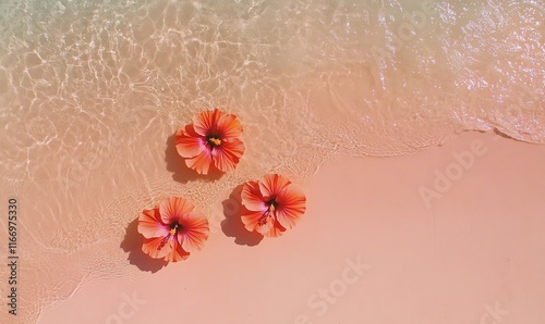 Vibrant hibiscus flowers resting on pristine white sand, turquoise water behind, tropical paradise feel