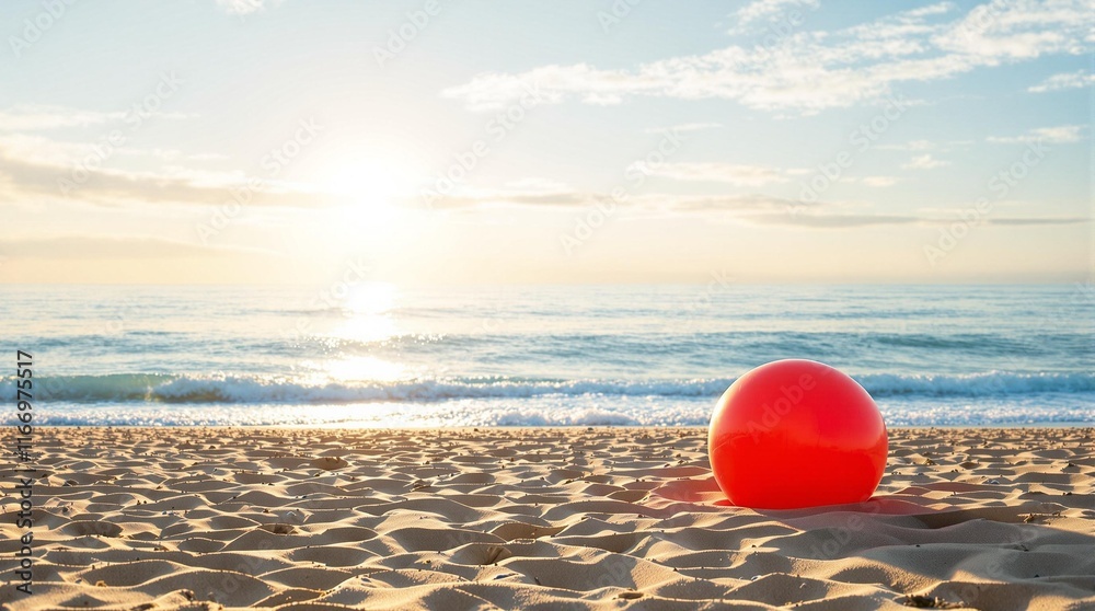 Red inflatable ball on the beach at sunset. Beach ball at seaside on sunny day. Sunny summer day by the ocean. Family vacation concept. Marine coast landscape with copy space Red inflatable ball on the beach at sunset. Beach ball at seaside on sunny day. Sunny summer day by the ocean. Family vacation concept. Marine coast landscape with copy space