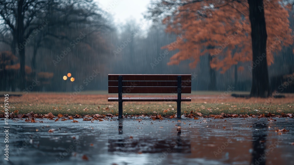 Solitary bench in a tranquil park surrounded by autumn foliage on a rainy day Solitary bench in a tranquil park surrounded by autumn foliage on a rainy day