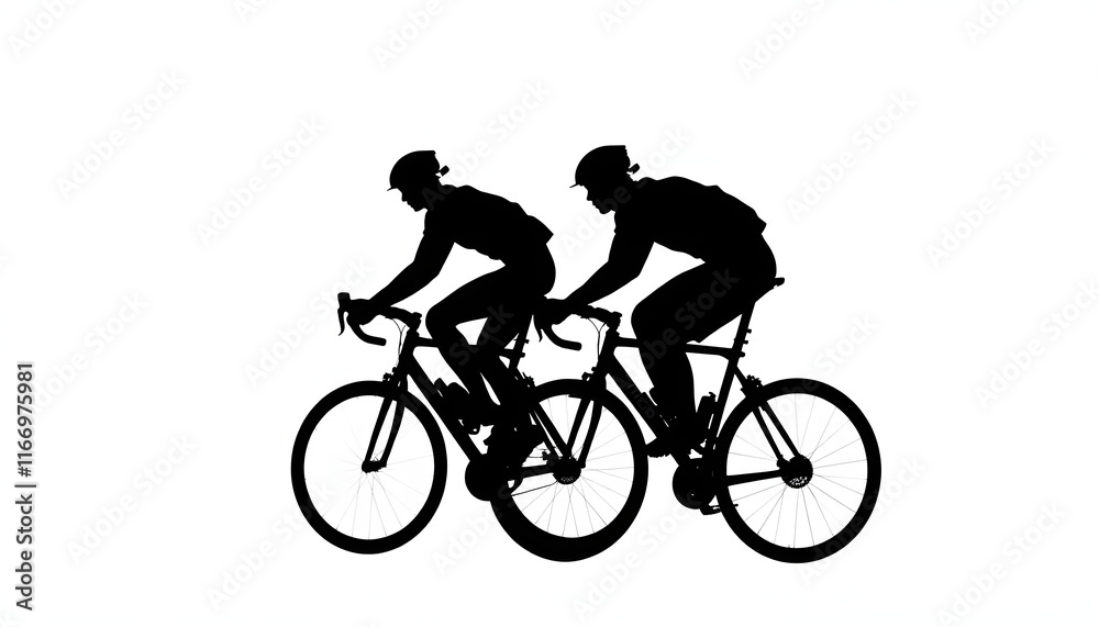 Athlete cyclists in silhouettes on white background. Isolated on black, glowing neon. isolated with white highlights Athlete cyclists in silhouettes on white background. Isolated on black, glowing neon. isolated with white highlights