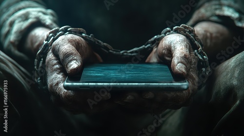 Hands chained, holding a smartphone in a dark and surreal environment conveying a sense of confinement and isolation photo