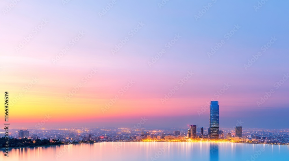 City skyline at sunset with reflections on water. City skyline at sunset with reflections on water.