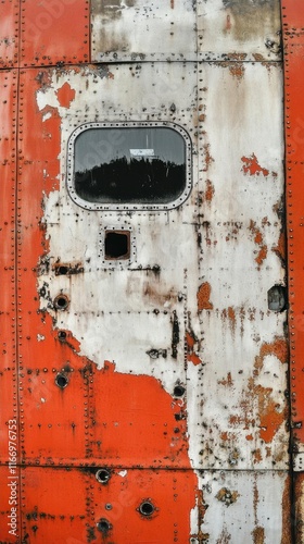 Close-up of a weathered orange aircraft panel with a window.