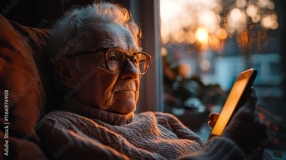 Obraz premium Elderly person sitting alone in cozy chair while using smartphone during sunset in a warm living room