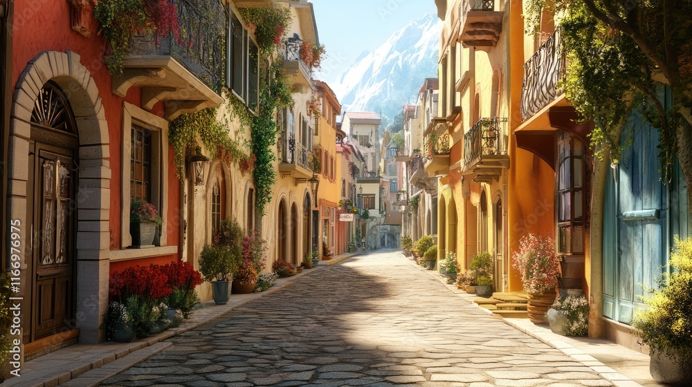 Fototapeta premium Fairy Tale Town.Europe town street. Fiction Backdrop. Concept Art. Realistic Illustration. Video Game Digital CG Artwork. Industry Scenery.Concept Art Scenery. Book Illustration