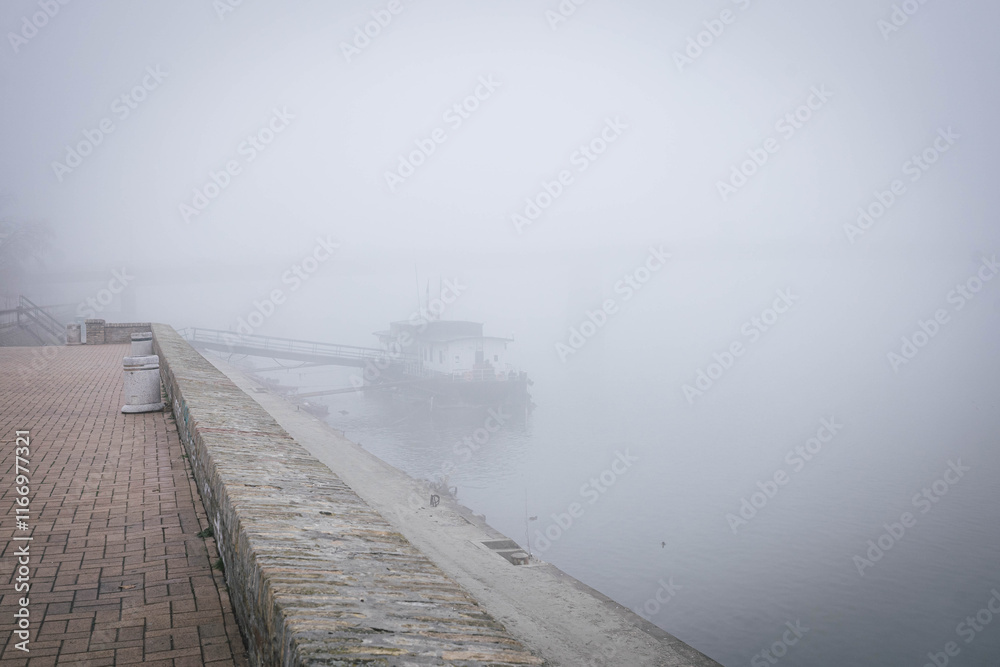 Foggy morning on the coast of Danube Novi Sad Serbia