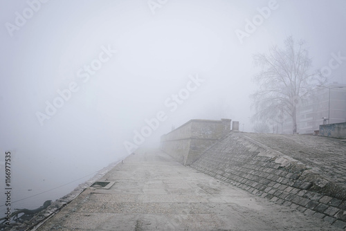 Obraz na płótnie Foggy morning on the coast of Danube Novi Sad Serbia w salonie