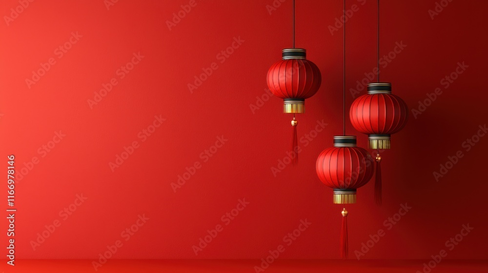Three red lanterns hang against a vibrant red wall, creating a festive and traditional atmosphere, perfect for celebrations. Three red lanterns hang against a vibrant red wall, creating a festive and traditional atmosphere, perfect for celebrations.