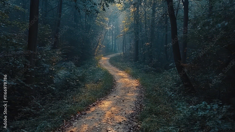 Obraz premium Winding path through a tranquil forest creates a serene escape into nature's beauty