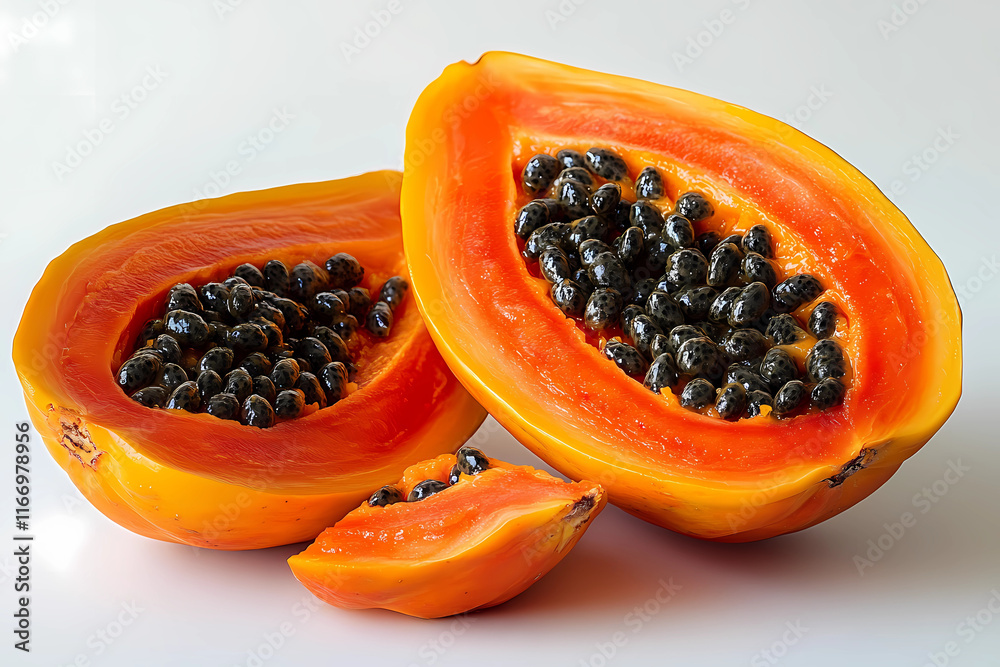 Fresh papaya split open showcasing vibrant orange flesh and dark seeds. Generative AI Fresh papaya split open showcasing vibrant orange flesh and dark seeds. Generative AI
