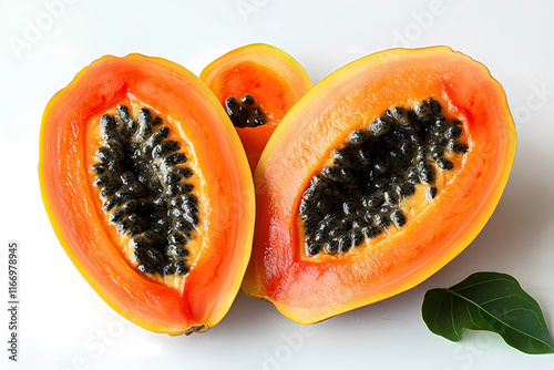 Fresh papaya cut into halves showing vibrant orange flesh and black seeds. Generative AI photo