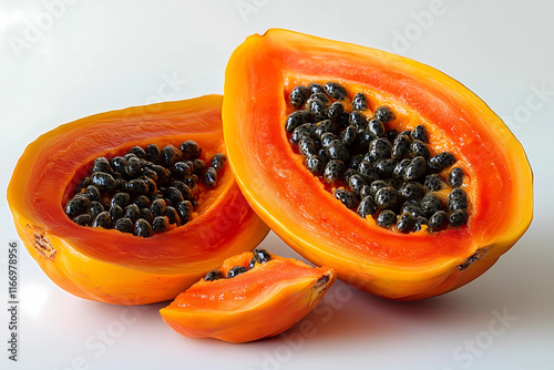 Fresh papaya split open showcasing vibrant orange flesh and dark seeds. Generative AI photo