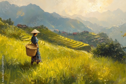 Photo of a Vietnamese rice terrace field with a Hmong woman carrying a basket in the terraced paddy fields at Trong Nur, Y Ty village on the top of the hill, with lush green grassland and golden light photo