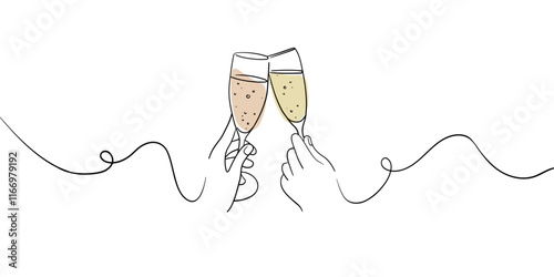 Continuous line champagne cheers one line art, continuous drawing. Hands toasting with wine glasses with drinks. Cheers toast festive decoration for holidays. Vector illustration	