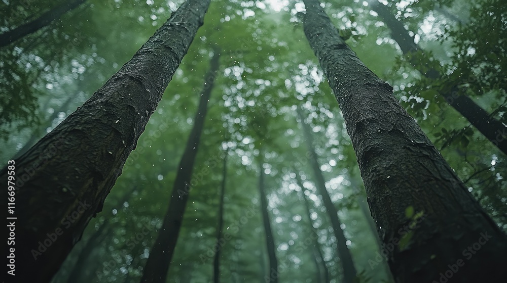Fototapeta premium Low-angle view of tall trees in a misty forest during rainfall.