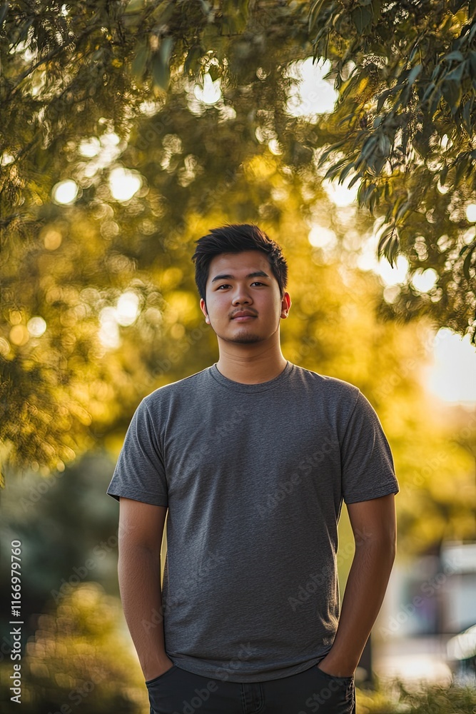 Young man standing in sunlight with trees in background outdoors Young man standing in sunlight with trees in background outdoors