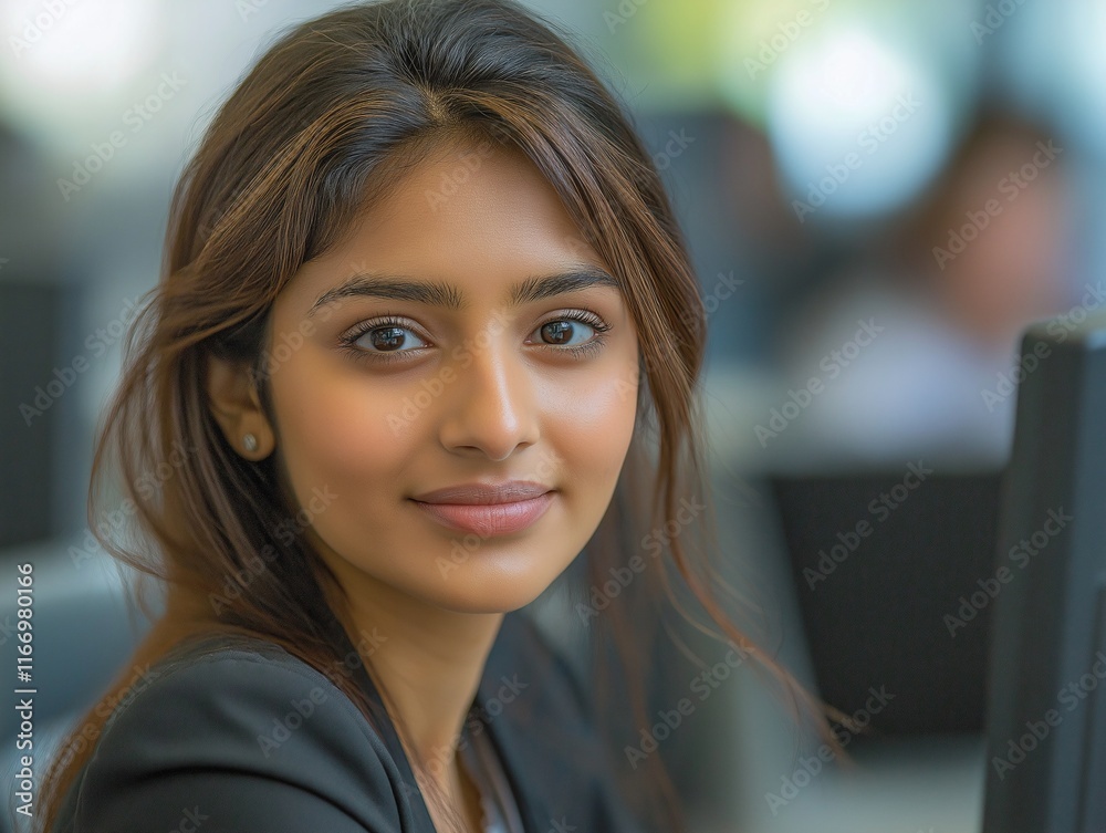 Fototapeta premium Confident young Asian businesswoman at her workplace with computer monitors in the background, showing a modern office environment. Ideal for technology, workplace diversity and corporate visuals.