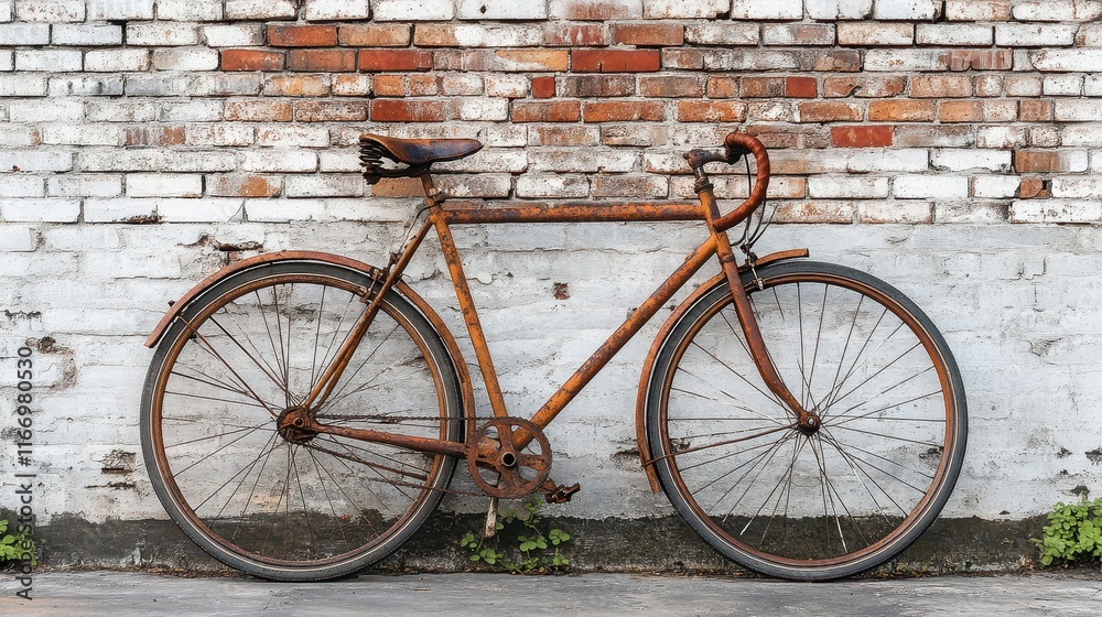 Rusty bicycle resting against an old brick wall highlighting urban decay and forgotten beauty Rusty bicycle resting against an old brick wall highlighting urban decay and forgotten beauty