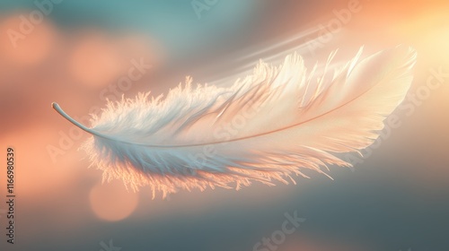 Delicate white feather gently floating in soft sunlight against a pastel background at dusk photo