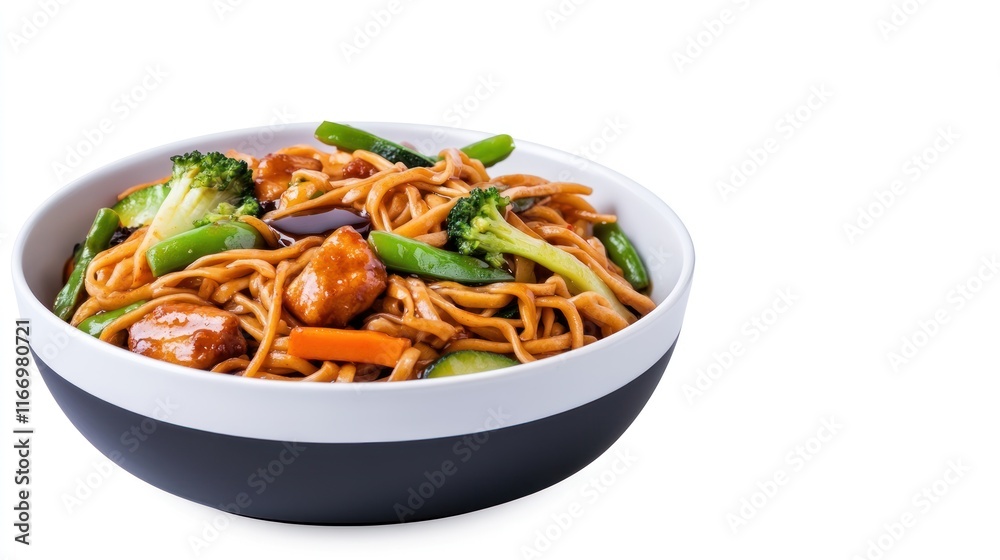 A bowl of stir-fried noodles with vegetables and chicken. A bowl of stir-fried noodles with vegetables and chicken.