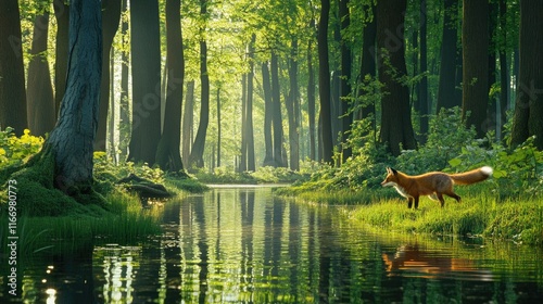 Majestic Fox Walking Along Serene Forest Stream in Bright Green Woods