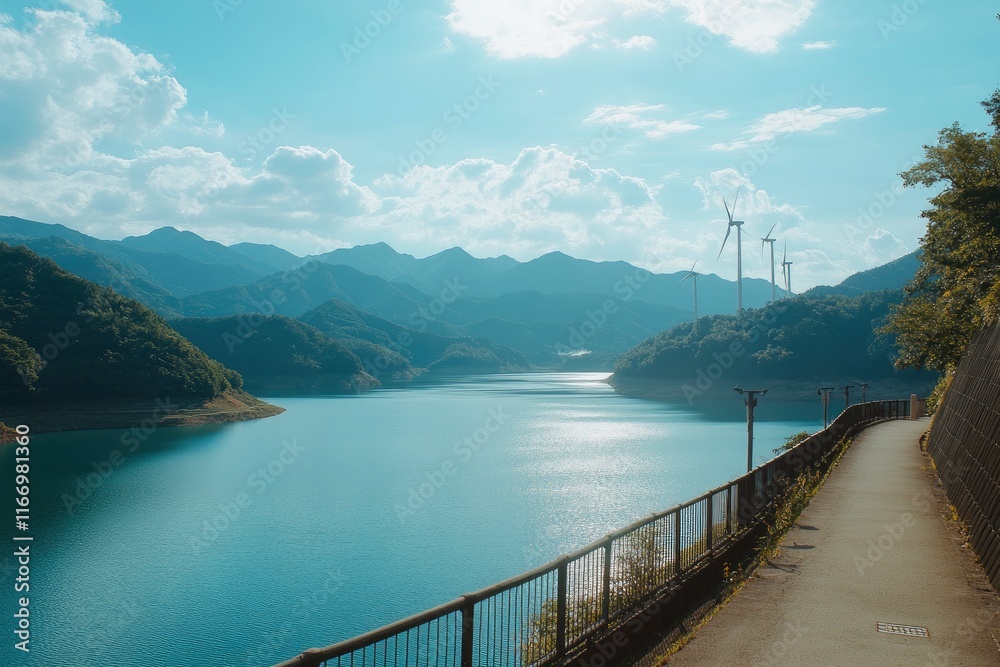 Obraz premium photograph of Wind power generation, wind turbines on top mountain against sky with sun and clouds. ultra realistic . for the banner at right side add text in black color. background landscape 