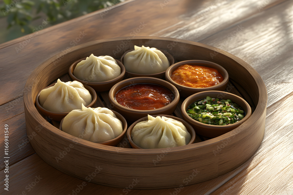 Steaming dumplings arranged in bamboo steamer with various sauces. warm, inviting presentation showcases delightful assortment of flavors and textures Steaming dumplings arranged in bamboo steamer with various sauces. warm, inviting presentation showcases delightful assortment of flavors and textures