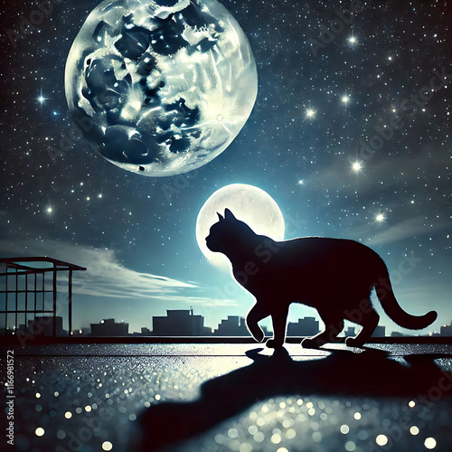 A silhouette of a cat walking on a rooftop, with two large moons and a starry sky in the background, creating a surreal nighttime scene.

