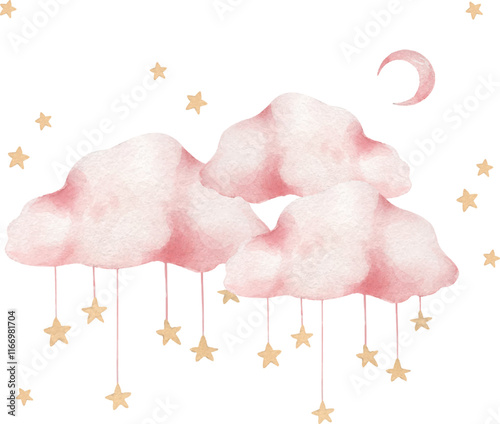 Composition of vector watercolor pink clouds and stars.