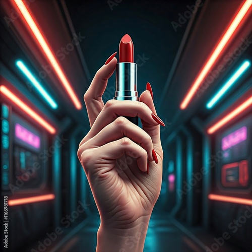 A red lipstick displayed under futuristic neon lighting, giving a modern and edgy vibe. lipstick, neon, modern, beauty, makeup, futuristic, vibrant, glamour, elegance, bold, fashion, edgy, light, luxu photo