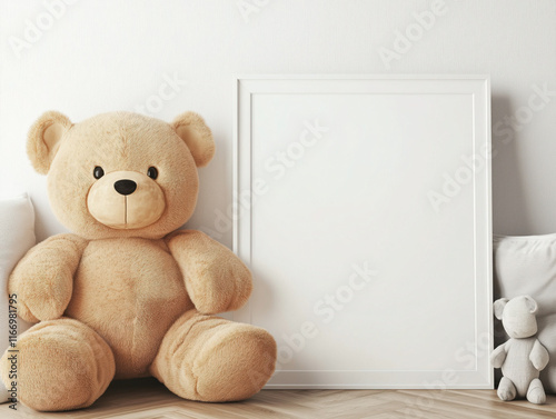 A mockup of a giant adorable teddy bear holding a white  emty photo frame, graphic resources