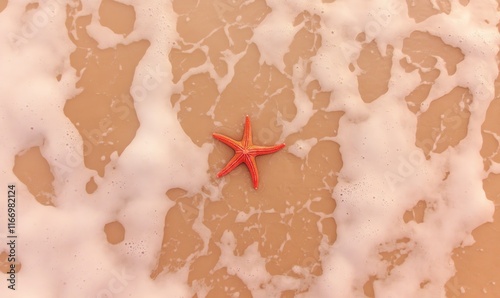 Bright orange starfish partially covered by foamy surf