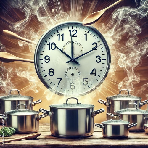 A busy kitchen with pots boiling over The clock here is integrat photo