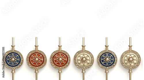 Hanukkah, also known as Chanukah, celebrates a miracle of light. Families gather to spin the dreidel and share latkes. Decorative ornamental spinners arranged in colorful pattern photo