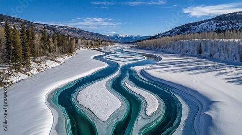 Aerial view of a frozen river with turquoise water flowing through snow-covered banks and mountains in background. photo