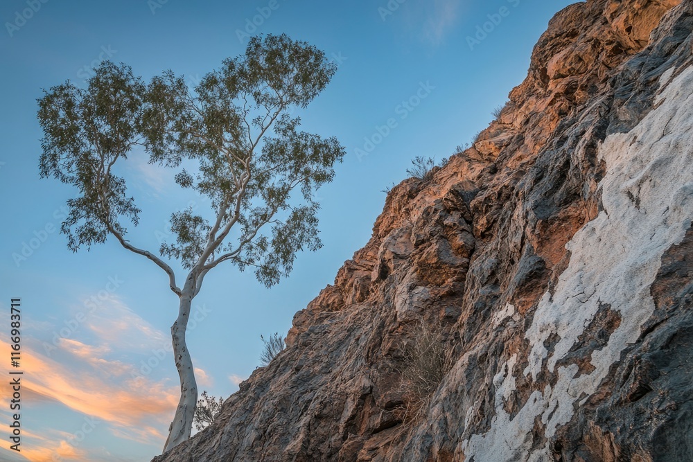 The iconic story rocks of theLow palette of colors, twilight sky with hues of orange and pink in early evening, clear blue skies, isolated white eucalyptus tree on left side of composition, foreground The iconic story rocks of theLow palette of colors, twilight sky with hues of orange and pink in early evening, clear blue skies, isolated white eucalyptus tree on left side of composition, foreground