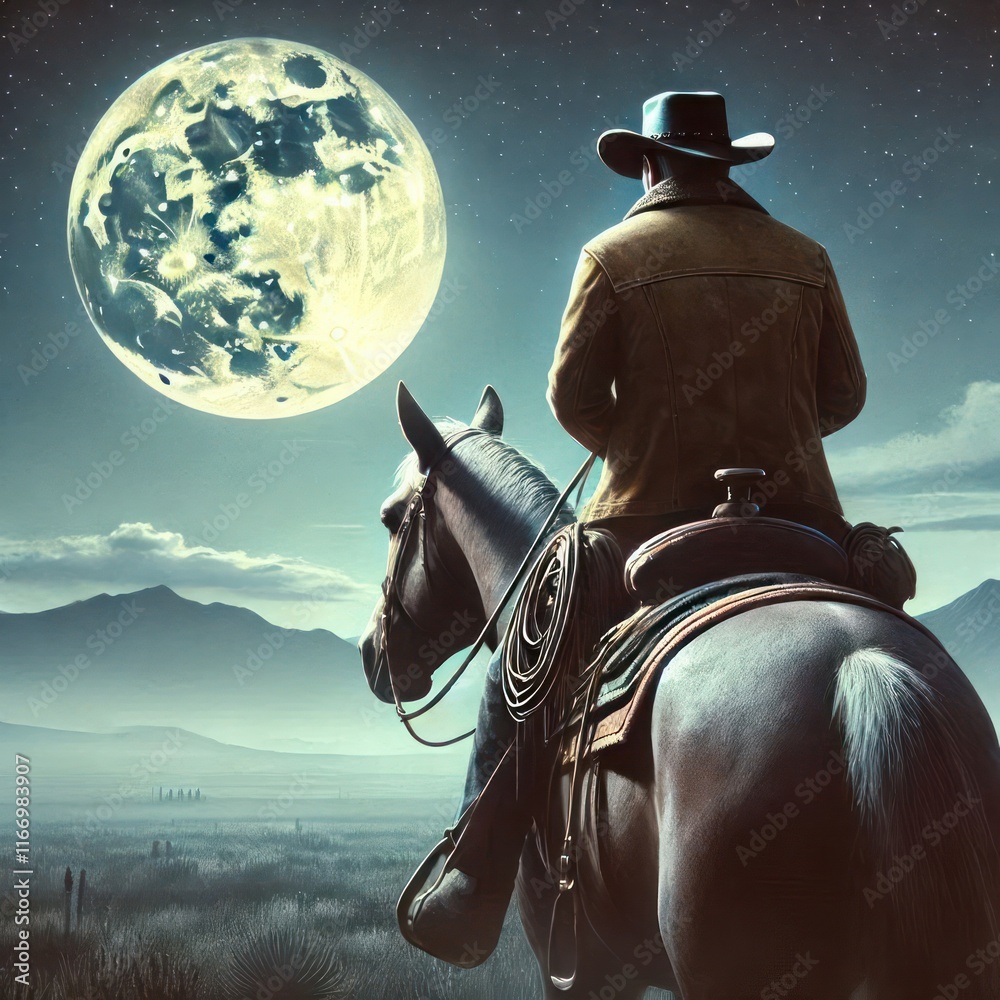 Naklejka premium Cowboy on horseback under a bright moon.