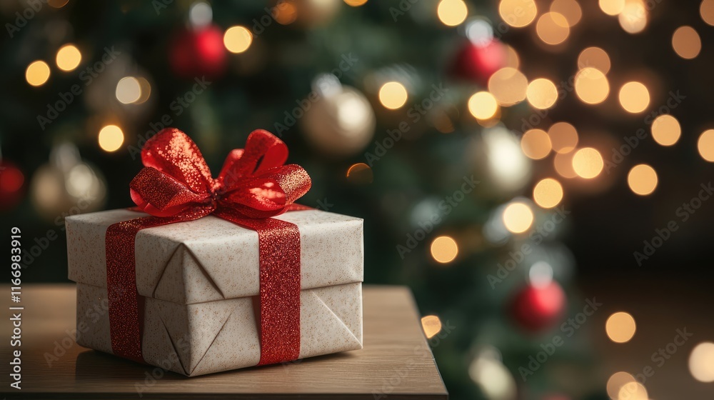 gift box on table with blur Christmas tree and golden festive bokeh light background for special holiday gift box on table with blur Christmas tree and golden festive bokeh light background for special holiday