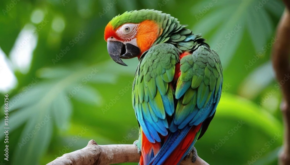 Vibrant Green-winged Macaw in Lush Tropical Foliage Vibrant Green-winged Macaw in Lush Tropical Foliage