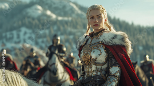 A warrior woman in medieval armor on a battlefield with a mountainous background