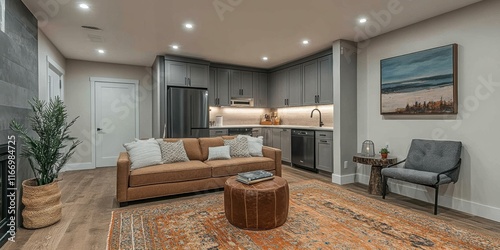 Functional basement design featuring a compact kitchenette and cozy living area modern home interior contemporary style wide angle view