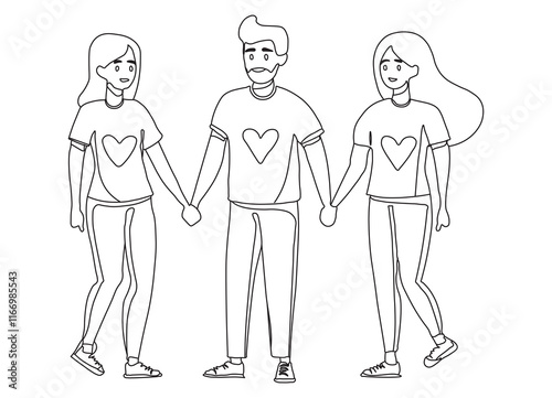 Friendly team of people holding hands demonstrate cohesion and unity, wanting to achieve goals together. Team of young guy and two girls carrying out volunteer or charitable activities 