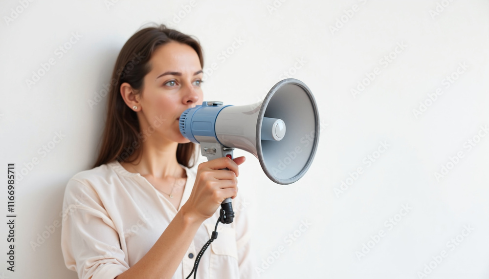 Woman speaking with megaphone against white background Woman speaking with megaphone against white background